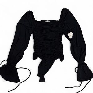 Free People Black Ruched Long-Sleeve Bodysuit